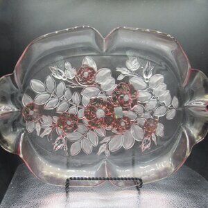 Vintage Mikasa Germany Glass Serving Platter.16 x 11 inches.  Clear Glass & Pink